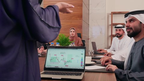 التعاون بين الزملاء لتحقيق أهداف الشركة, التفاني والاحترافية في الانجاز، شرح العمليات والصفقات التجارية، نقاشات خاصة بالعمل, استخدام الحاسوب المحمول، اجتماع عمل مع موظفين عرب خليجيين اماراتيين مع رجال أعمال أجانب في غرفة الاجتماعات، ضمان فهم واضح للأعمال