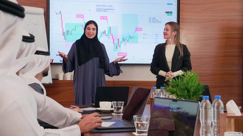 عرض البيانات الاحصائية على الشاشة، الاتفاق على المشاريع التجارية، اجتماع عمل بين موظفين عرب خليجيين اماراتيين مع رجال أعمال أجانب في غرفة الاجتماعات، بيئة العمل المريحة في الشركات الاماراتية, استخدام الأجهزة التقنية الحديثة في المكاتب، إنجاز المهام عبر جهاز الحاسوب