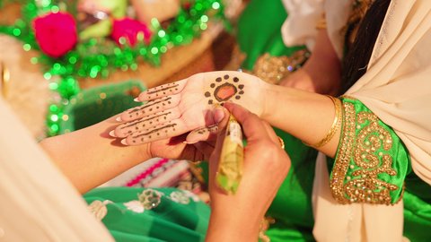 Beautification and attention to external appearance in the popular way, decorations and handicrafts made from natural materials, customs and traditions in happy occasions and celebrations, a close-up shot of the hand of an Emirati Gulf Arab woman wearing traditional attire and applying henna on the hand of a young woman, traditional women's professions and attire.