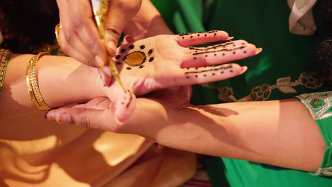 عادات وتقاليد في المناسبات والأفراح السعيدة، صورة مقربة ليد إمرأة عربية خليجية إماراتية ترتدي الزي التراثي و تقوم برسم و نقش الحنة على يد فتاة، مهن تقليدية شعبية نسائية، زخارف وفنون يدويه من مواد طبيعيه، التجمل والاهتمام بالمظهر الخارجي على الطريقة الشعبية