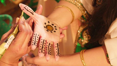 التجمل والاهتمام بالمظهر الخارجي على الطريقة الشعبية، زخارف وفنون يدويه من مواد طبيعيه، عادات وتقاليد في المناسبات والأفراح السعيدة، تصوير مقرب ليد إمرأة عربية خليجية إماراتية ترتدي الزي التراثي و تقوم برسم و نقش الحنة على يد شابة، مهن وأزياء تقليدية شعبية نسائية