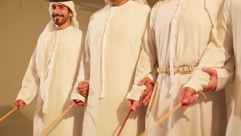 The folklore performance troupe wears traditional attire for a national occasion, the Union Day on December 2nd and 3rd, celebrating the national holiday with the dance of the khayrzan, which is part of the traditional Emirati dress. The popular Yawla dance and folk dances are performed during national events, festivals, and holidays.
