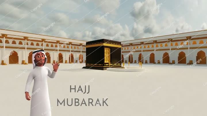 3D Animated Hajj Mubarak Greeting, Man at Kaaba, Islamic Celebrations and Eid