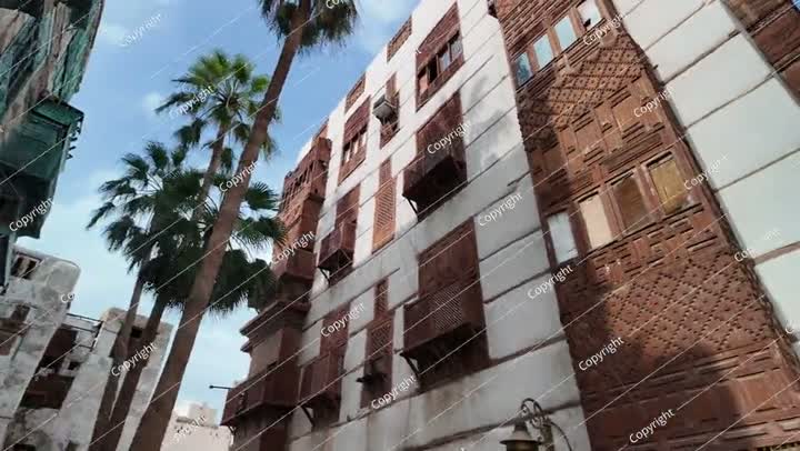 Traditional rawashin balconies decorating historic buildings in Al-Balad, Jeddah