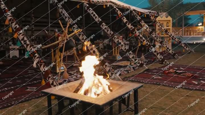 تجمع نار المخيم البدوي التقليدي في الليل. المملكة العربية السعودية.