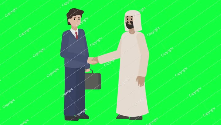 Handshake between a white and Arab businessman on a green background.