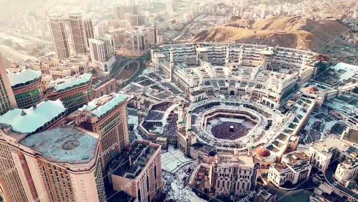 منظر جوي لمكة رمضان، مدينة مكة المكرمة، برج الساعة المسجد الحرام الكعبة 4K