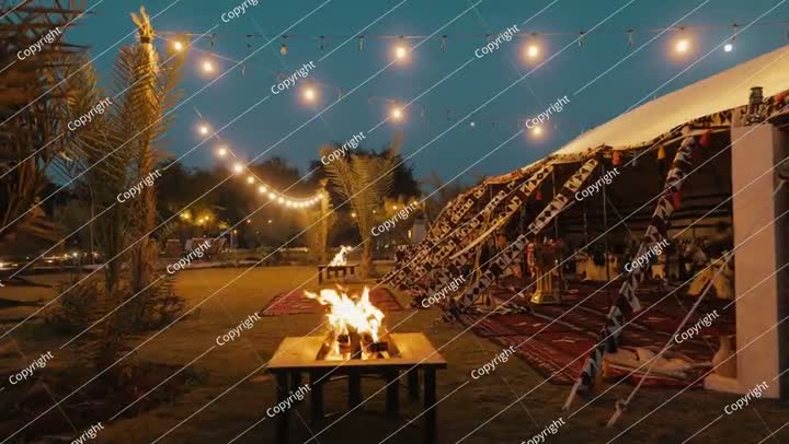 تجمع نار المخيم البدوي التقليدي في الليل. المملكة العربية السعودية.