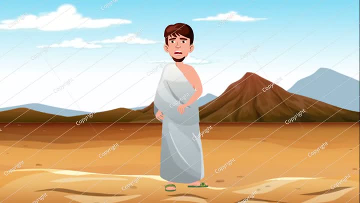 Pilgrim walking in desert under cloudy sky