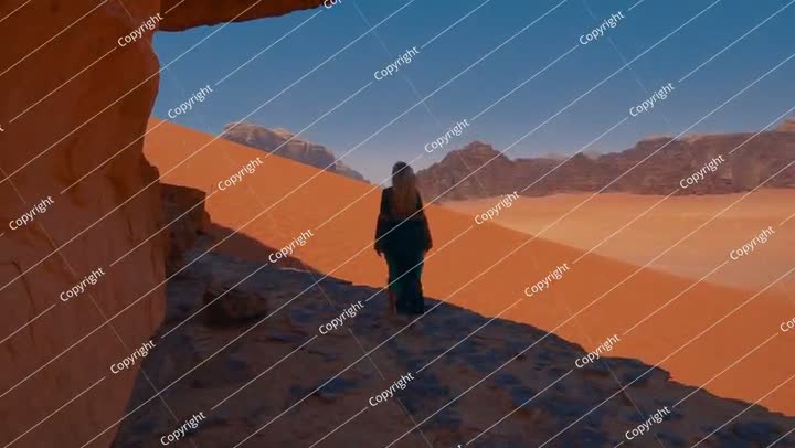 Woman standing on a rocky ledge looking out at the vast red sand desert