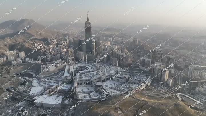 Mecca ,Streets hotels Makkah Clock Tower - Masjid Al Haram drone aerial view