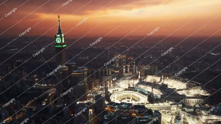 Aerial view of Mecca’s Grand Mosque and Abraj Al-Bait Clock Tower at dusk