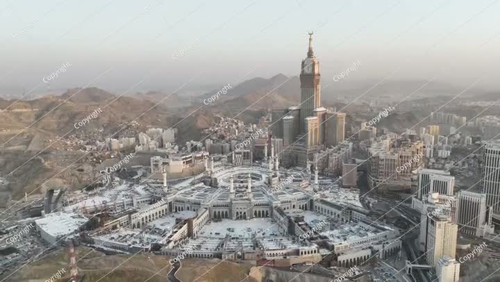 Mecca ,Streets hotels Makkah Clock Tower - Masjid Al Haram drone aerial view