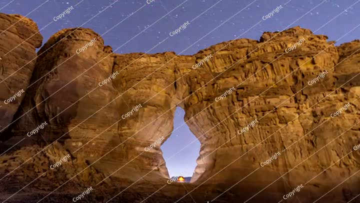 Night Time-Lapse of Camping by Bottle Rock Formations in AlUla, Saudi Arabia