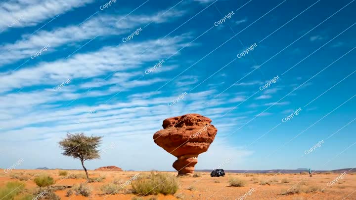 لقطة زمنية للسحب فوق صخرة كبيرة في منطقة الهريس في تبوك، المملكة العربية السعودية.