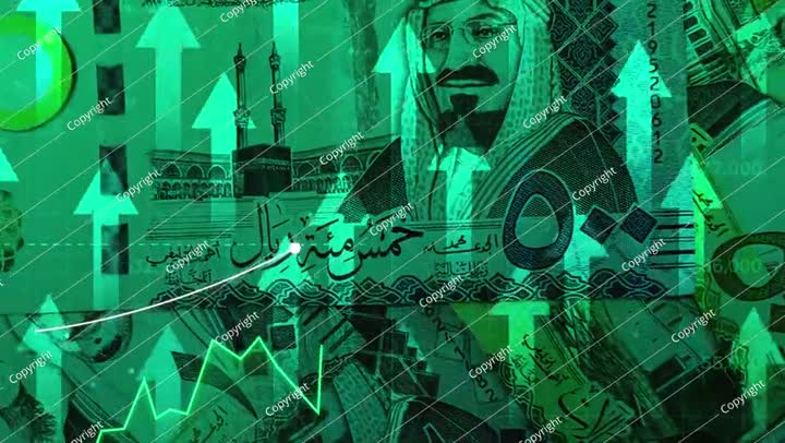 Saudi Riyal Currency going up with green glowing graph 4k footage. KSA Riyal