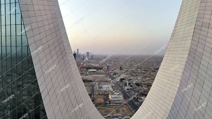 Drone shot flying. Saudi Arabia. Riyadh. Kingdom tower. Sunrise.