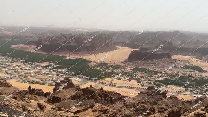 Aerial view overlooking rock formations in Al Ula, Saudi Arabia