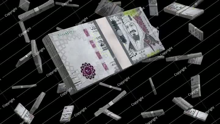 200 Saudi Riyals Falling Animation on Black Background