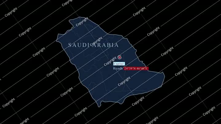 Blue Saudi Arabia map with Riyadh city and coordinates, vfx