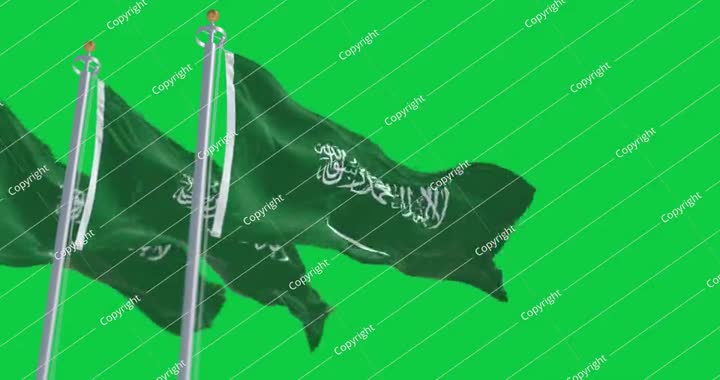 أعلام المملكة العربية السعودية ترفرف في الريح معزولة على خلفية خضراء