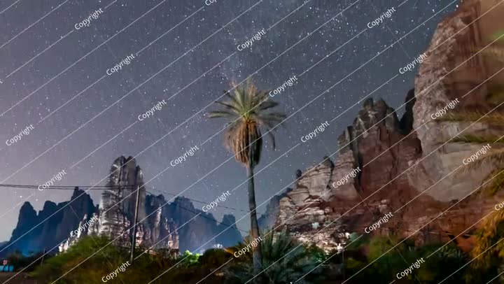 فاصل زمني بدقة 4K لحركة النجوم فوق وادي الديسة ليلاً، تبوك، المملكة العربية السعودية