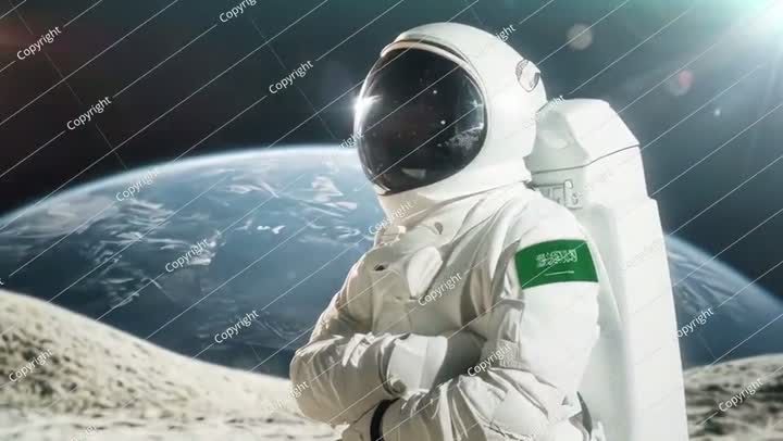 رسم ثلاثي الأبعاد لرائد فضاء يحمل على كتفه علم المملكة العربية السعودية