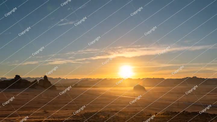 لقطة زمنية لغروب الشمس وشروقها في صحراء التكوينات الصخرية في العلا، المملكة العربية السعودية.