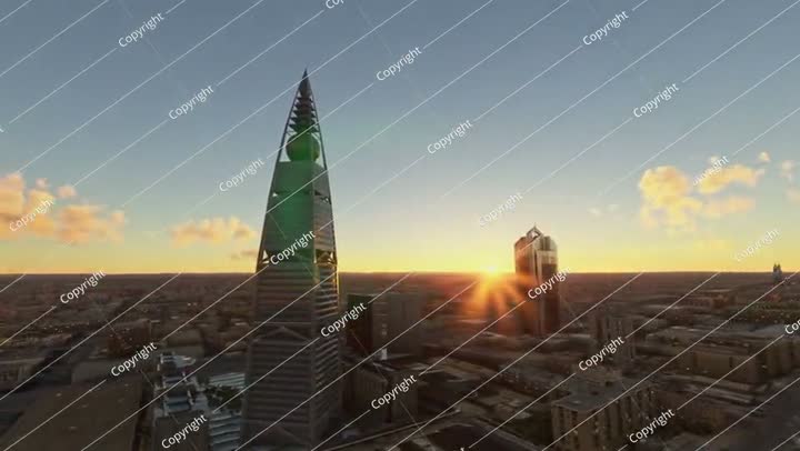 Sunset aerial of Kingdom Centre. Al Olaya. Riyadh. Saudi Arabia