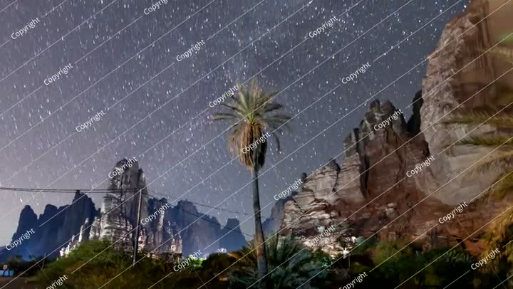 فاصل زمني لحركة النجوم في وادي الديسة، في تبوك، المملكة العربية السعودية