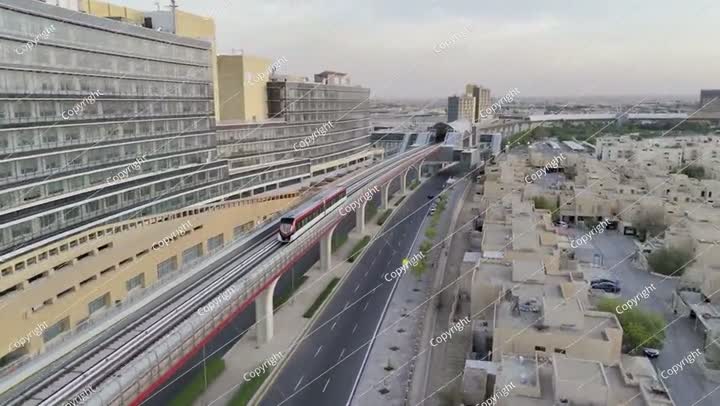 Drone view of the modern subway line in Riyadh Saudi Arabia on the sunset