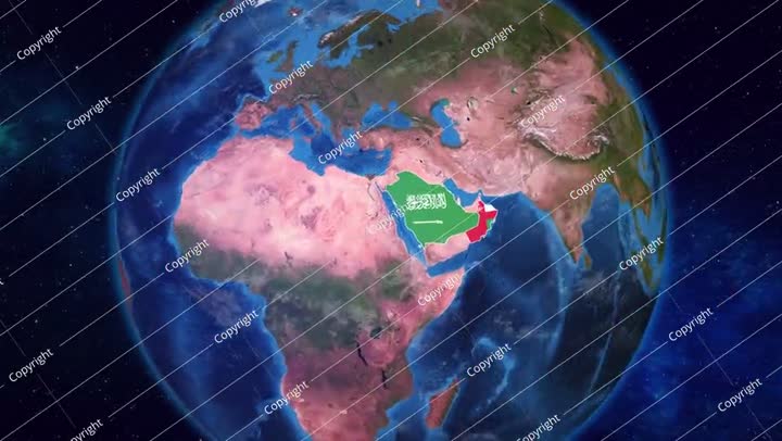 Earth Zooming on Oman And Saudi Arabia Highlighted with their Flags