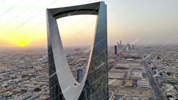 Drone shot flying. Saudi Arabia. Riyadh. Kingdom tower. Sunrise.