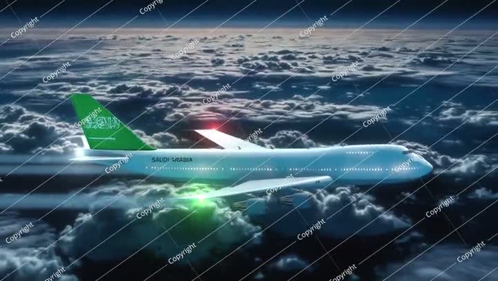 Plane Flying at Night with Country Flag Saudi Arabia