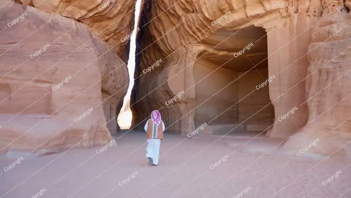 رجل عربي سعودي يمشي في ممر ضيق، الديوان، الحجر، المملكة العربية السعودية.