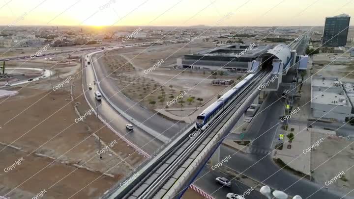 Drone view of the modern subway line in Riyadh Saudi Arabia on the sunset