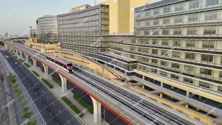 Drone view of the modern subway line in Riyadh Saudi Arabia on the sunset