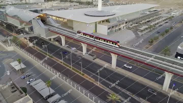 Drone view of the modern subway line in Riyadh Saudi Arabia on the sunset