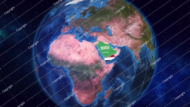 الأرض تقترب من المملكة العربية السعودية واليمن مع تسليط الضوء على أعلامهما