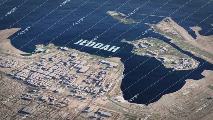 خريطة ثلاثية الأبعاد واقعية لمدينة جدة، رسوم متحركة مع نص غامق
