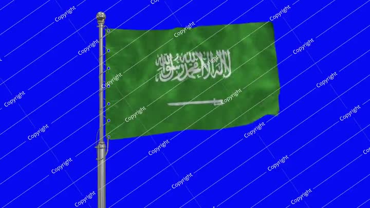 علم المملكة العربية السعودية ثلاثي الأبعاد بدقة 4K واقعي يلوح في الجناح مع شاشة زرقاء معزولة