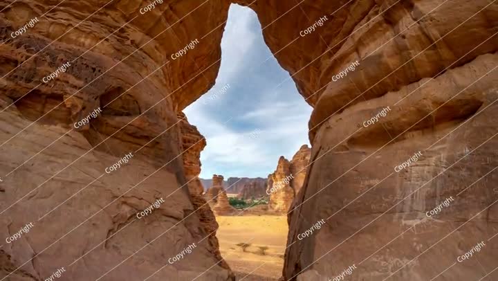 Time lapse of morning sunshine, camping tent at bottle shape rock in Alula