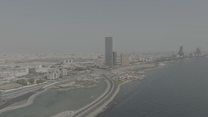 The landscapes in coastal cities, the focus on planting green plants and palm trees in tourist areas, the view of the waterfront in the Kingdom, drone photography of the Formula racing circuit on the Corniche of Jeddah, the architectural engineering art of buildings.