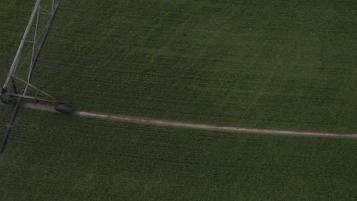 الات ومعدات الري في حقل زراعي بالمملكة العربية السعودية، الاراضي والحقول الزراعية، الاعتناء والاهتمام بالاشجار والنباتات الخضراء، تصوير درون لاذرع الري المحوري في الحقول الزراعية، الرشاشات الحديثة للمياه