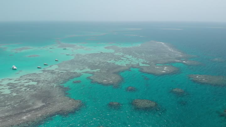 Distinctive landscapes, calm sea waves, famous tourist areas, crashing waves in the waters of the Red Sea in the Kingdom of Saudi Arabia, enjoying the coastal beaches, famous coastal places and tourist attractions, aerial drone photography of ships in the middle of the Red Sea.