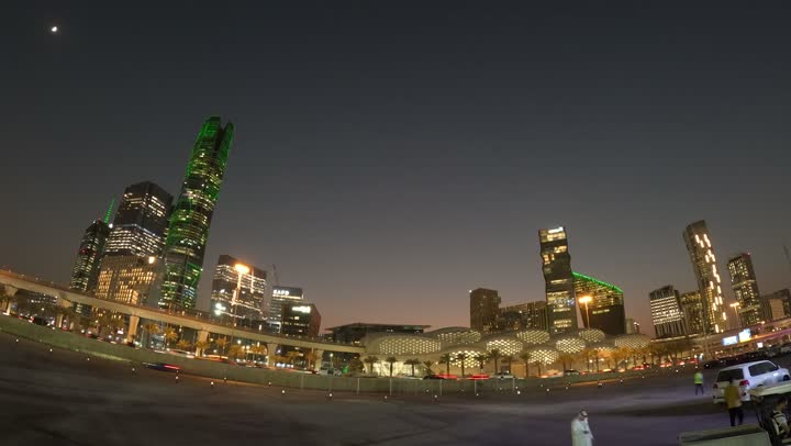 Roads and streets of the Kingdom of Saudi Arabia, towers and skyscrapers, famous landmarks of Riyadh, traffic movement and transportation, cars driving on the public road.