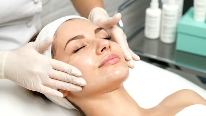 امرأة عربية خليجية سعودية في صالون تجميلي نسائي، تضع كريم الترطيب ، مفهوم العناية والإهتمام بنضارة الوجه، تقشير وتفتيح البشرة، إستخدام مكونات تجميلية