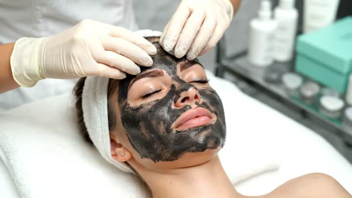 صالونات التجميل في المملكة العربية السعودية, جلسات العناية بالبشرة, مفهوم الاناقة  والاهتمام بالمظهر الخارجي, امرأه عربية خليجية سعودية تضع الماسك الاسود على وجها مع احجار تدليك مهدئه في إحدى المراكز التجميلية, المحافظة على النضارة والشباب, روتين التقشير والتفتيح والتدليك
