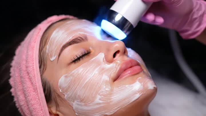 عيادة تجميلية نسائية ، خبيرة تجميل تقوم بعمل جلسات العناية بالبشرة بواسطة جهاز ضوء ازرق ، سيدة سعودية تهتم بروتين التقشير والتفتيح والتدليك ، مراكز العناية بالبشرة النسائية ، امرأة عربية خليجية سعودية في صالون تجميلي نسائي بايماءات الاسترخاء، مفهوم الأنوثة والنعومة