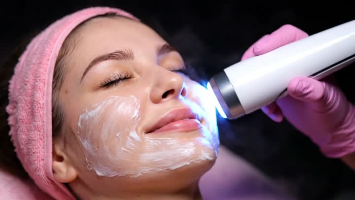 عيادة تجميلية نسائية ، خبيرة تجميل تقوم بعمل جلسات العناية بالبشرة بواسطة جهاز ضوء ازرق ، سيدة سعودية تهتم بروتين التقشير والتفتيح والتدليك ، مراكز العناية بالبشرة النسائية ، امرأة عربية خليجية سعودية في صالون تجميلي نسائي بايماءات الاسترخاء، مفهوم الأنوثة والنعومة